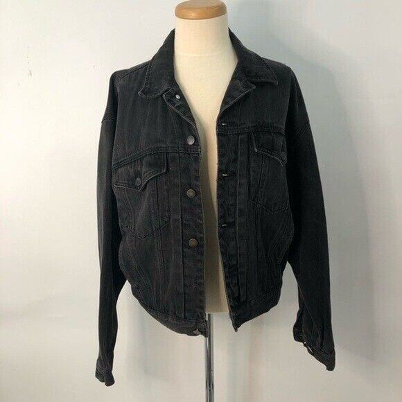 Vintage L Mens Denim Jean Jacket Embroidered faded black index international 938 - Picture 7 of 9